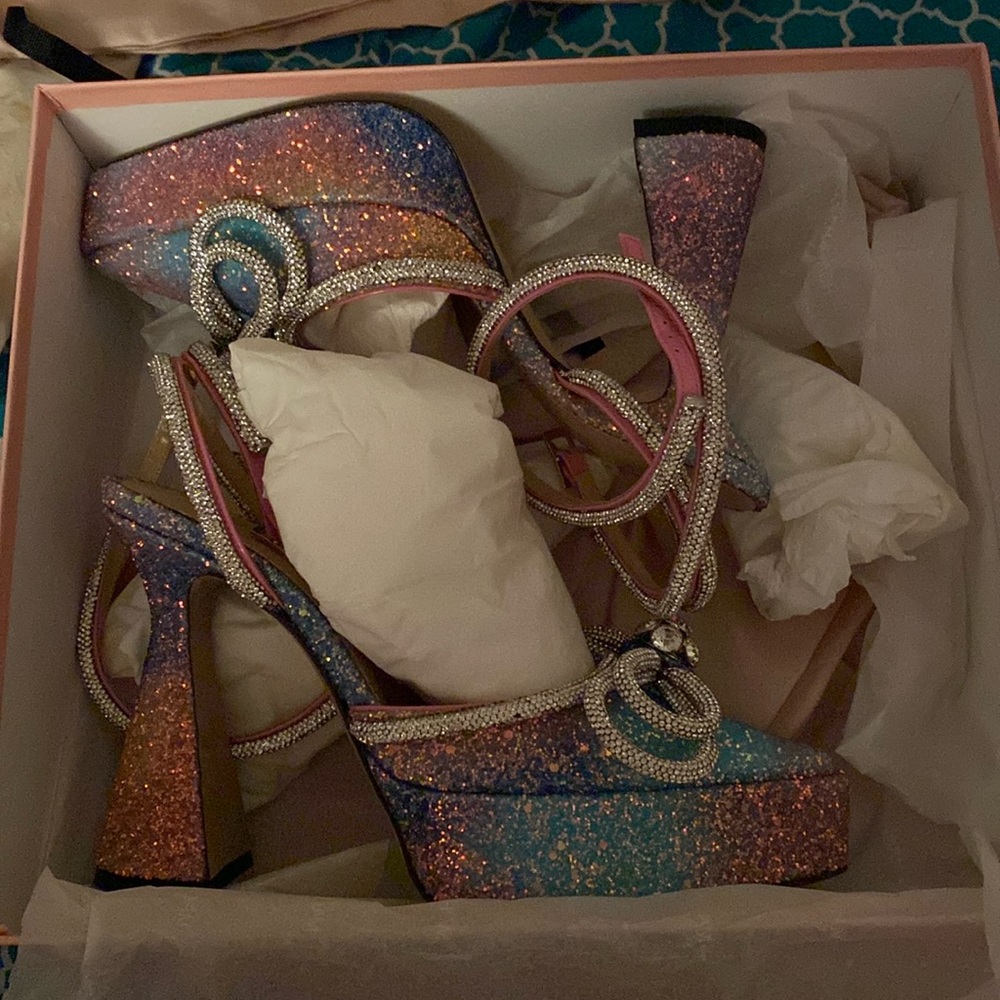 Authentic MACH & MACH glitter double bow platforms